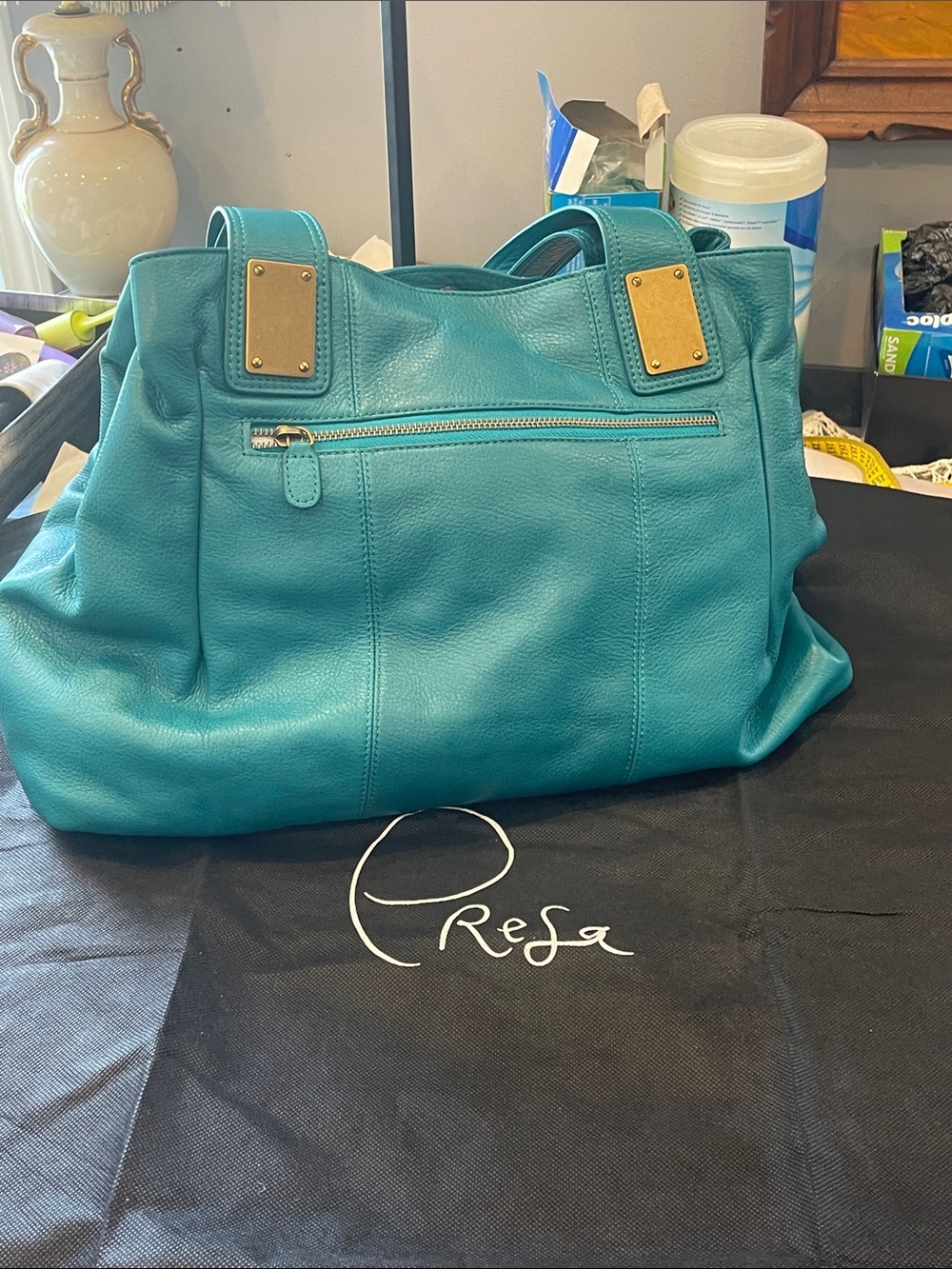 PRESA Teal Leather Tote with Gold-Tone Accents Cowhide leather NWOT w/dust bag
